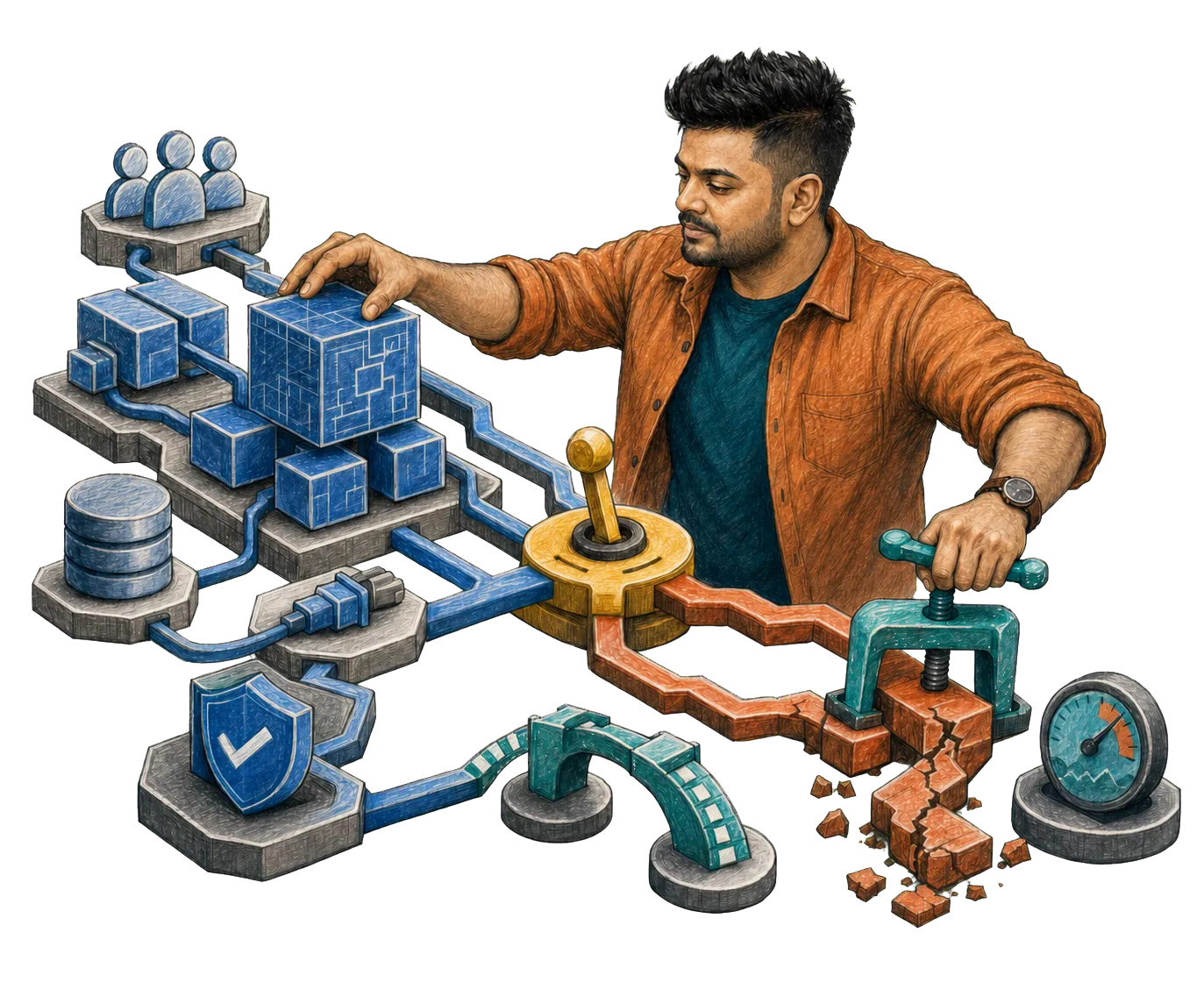 Vishal works across a technical review bench, fitting planned software modules together on one side while stabilising a fractured production path on the other.