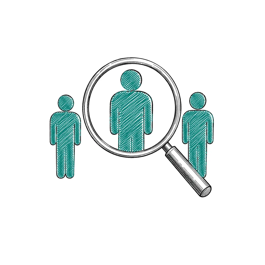 Three candidates with a magnifier over the one in the middle — evaluation, not headcount.