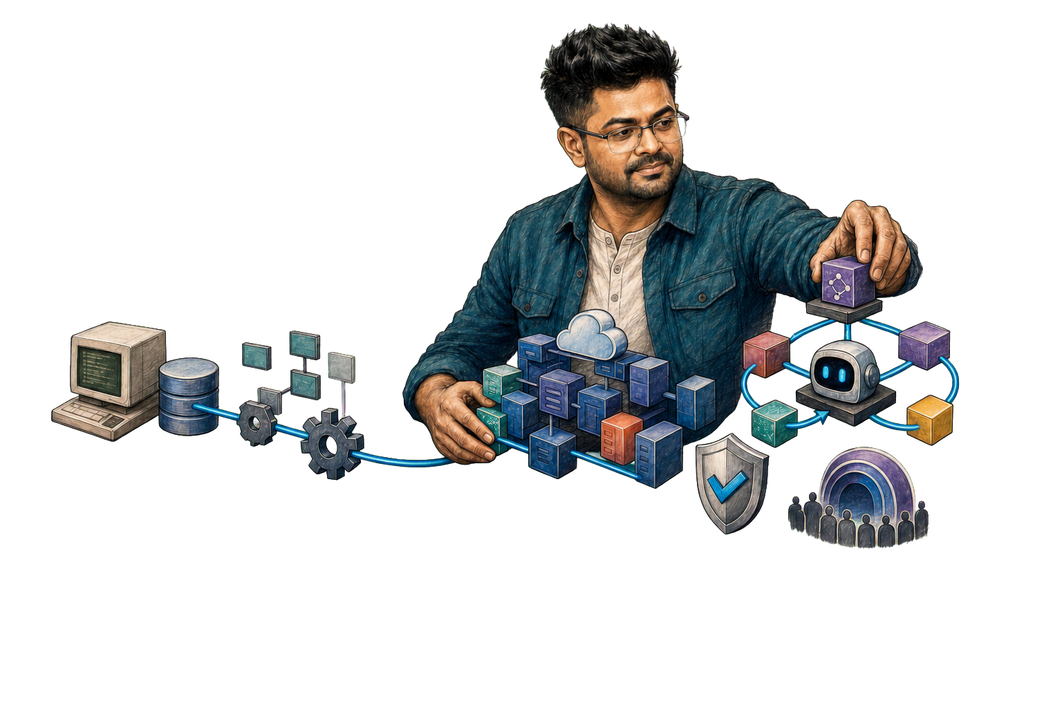 An illustrated Vishal Rajpurohit connects the stages of his engineering career, from early software systems through cloud architecture and AI.